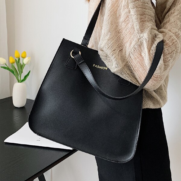 

Letter Graphic Shoulder Tote Bag, Black