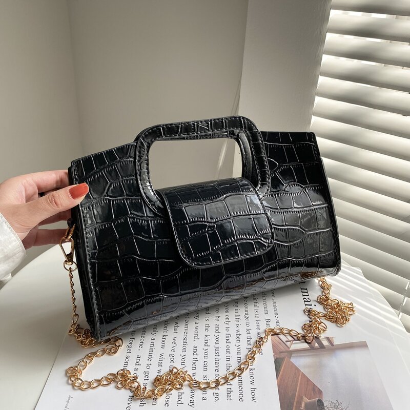 

Croc Embossed Chain Strap Bag, Black