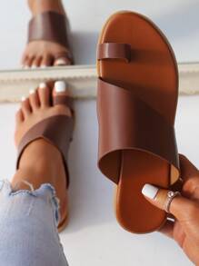 Toe Ring Wide Fit Sandals - Brown - View 1