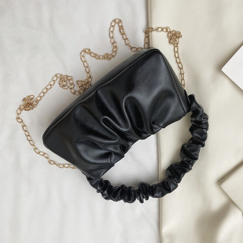

Chain Strap Ruched Bag, Black