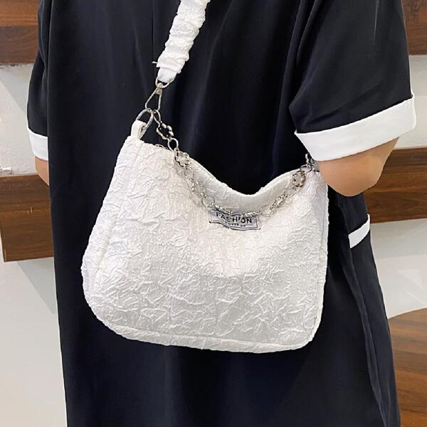 

Letter Patch Textured Square Bag, White