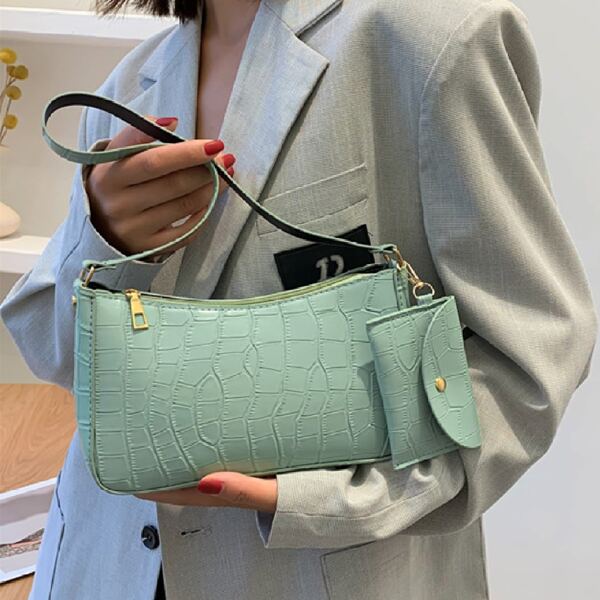 

Croc Embossed Baguette Bag With Small Wallet, Green