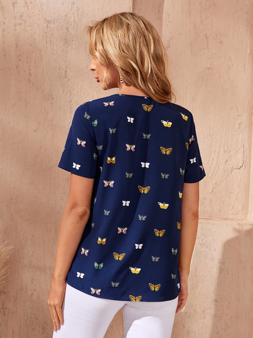 V Neck Butterfly Print Top