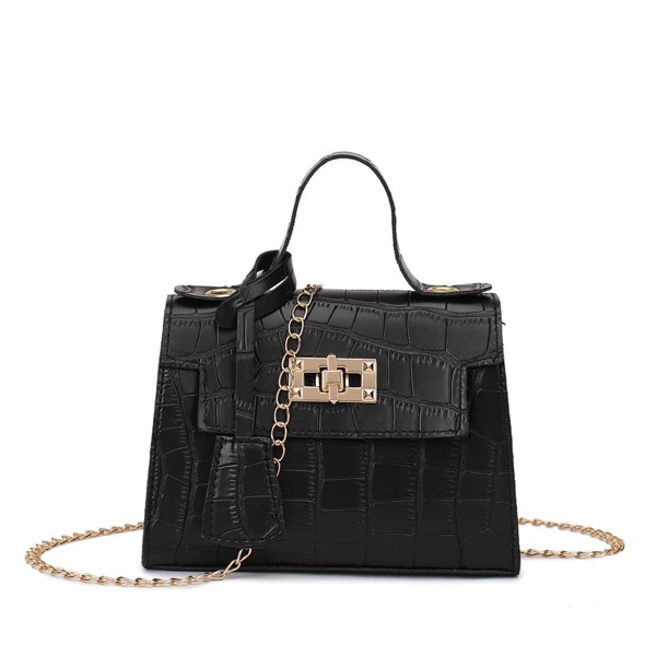 

Croc Embossed Chain Satchel Bag, Black