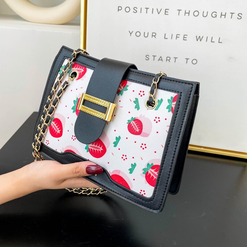 

Cartoon Strawberry Print Chain Bag, Black