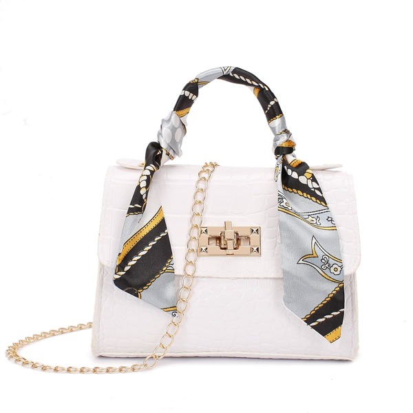 

Croc Embossed Scarf Decor Satchel Bag, White