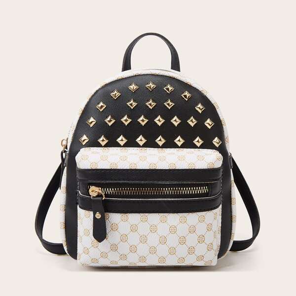 

Geo Pattern Studded Decor Backpack, Black and white