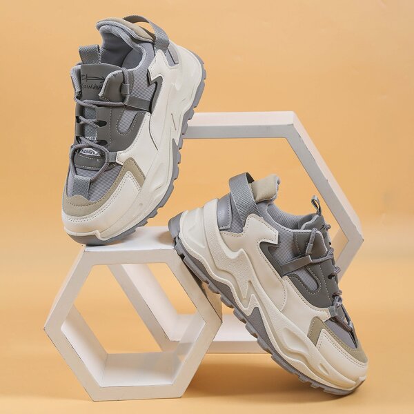 

Colorblock Lace-up Front Chunky Sneakers, Grey