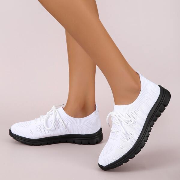 

Knit Detail Breathable Lace-up Front Running Shoes, White