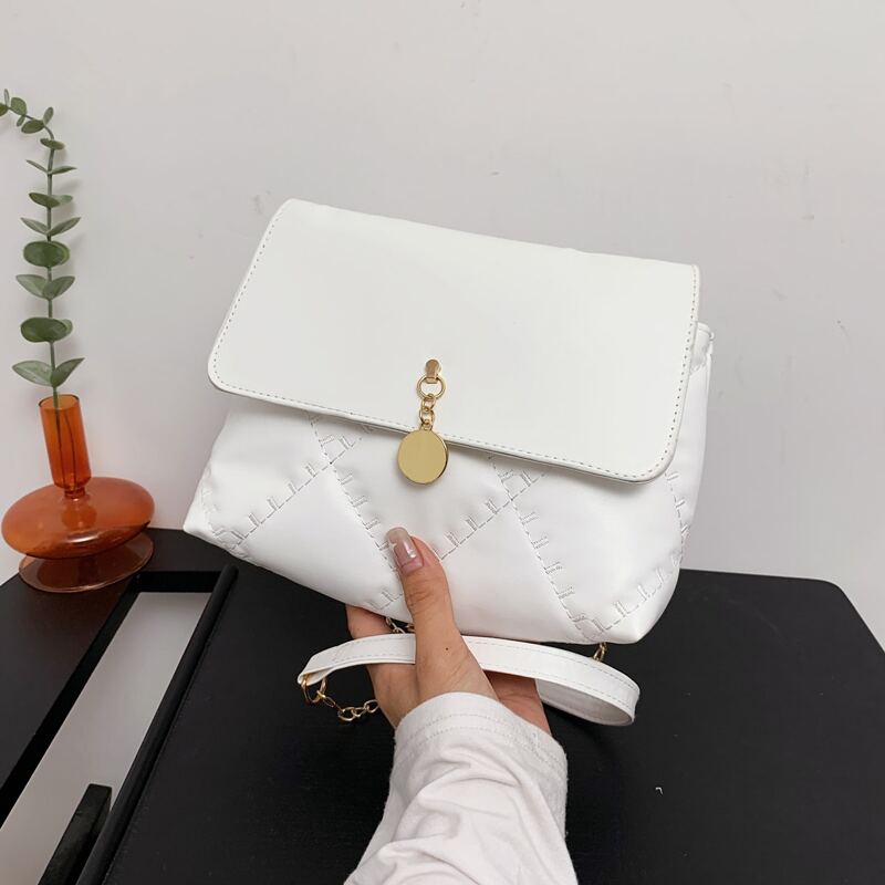 

Metal Decor Quilted Chain Strap Bag, White