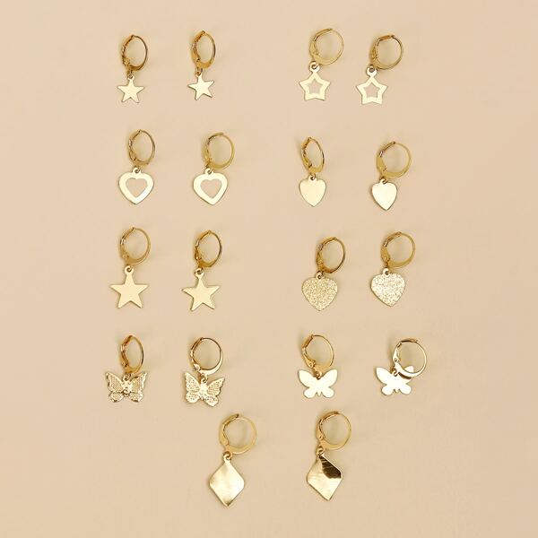 

9pairs Star & Heart Drop Earrings, Gold