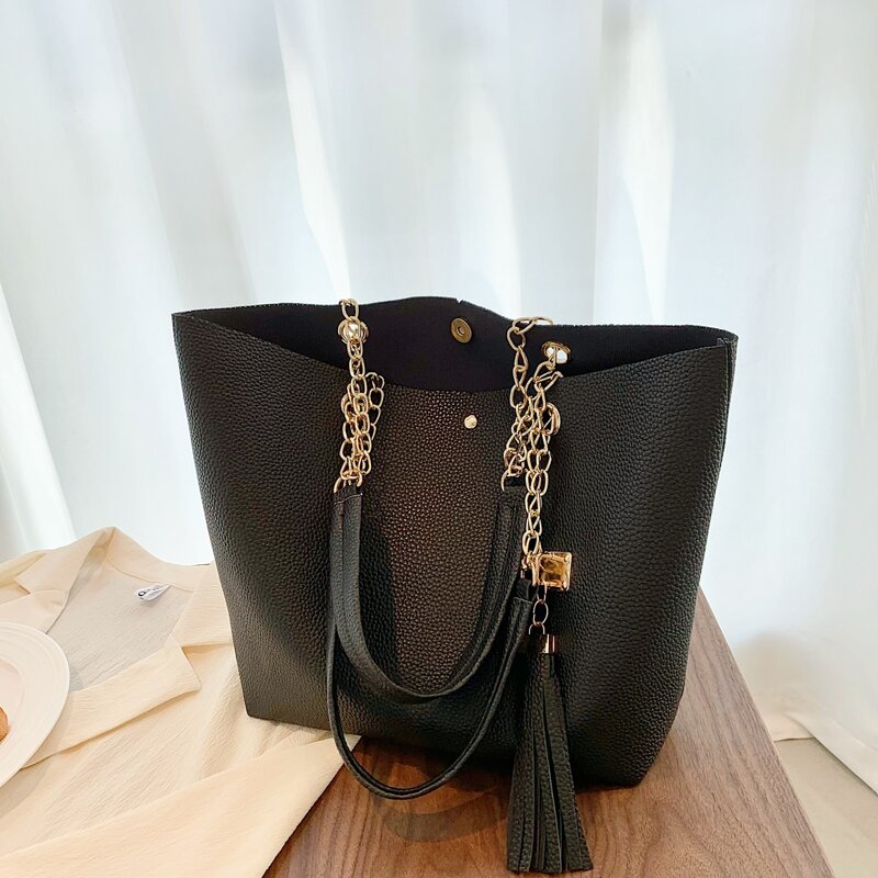 

Tassel Decor Snap Button Tote Bag, Black