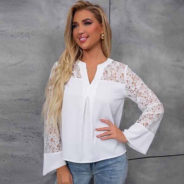 

Lace Yoke Notch Neck Blouse, White