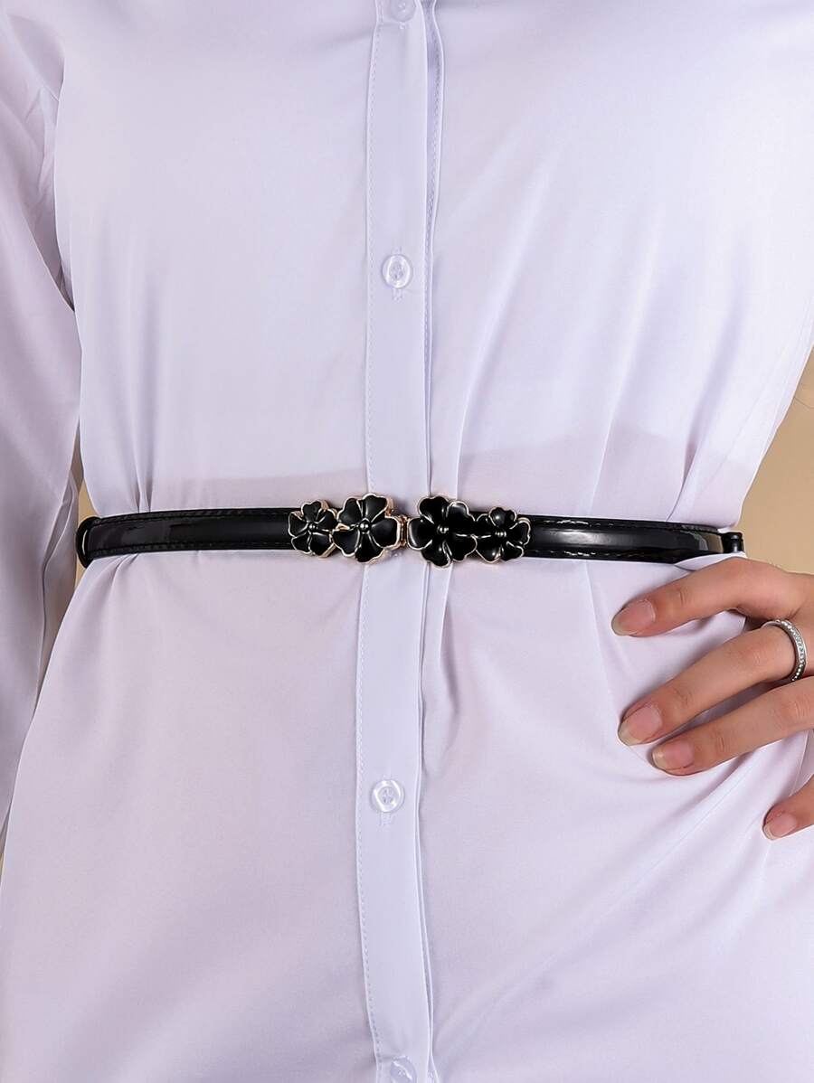花朵裝飾束腰帶,優雅時尚 - 黑色 - 查看 1