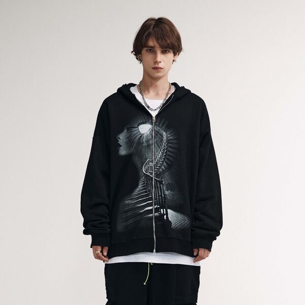 

Men Figure & Graphic Print Zip Up Hoodie, Black