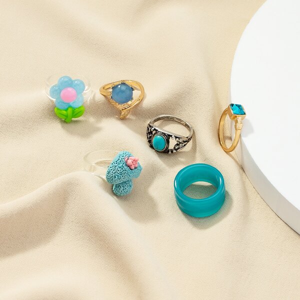 

6pcs Flower & Stone Decor Ring, Blue