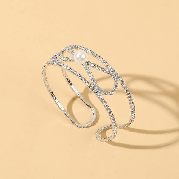 

Faux Pearl & Rhinestone Bow Decor Cuff Bracelet, Silver