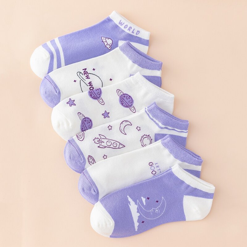

6pairs Planet Pattern Ankle Socks, Purple