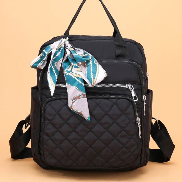 

Quilted Embossed Scarf Decor Backpack, Black