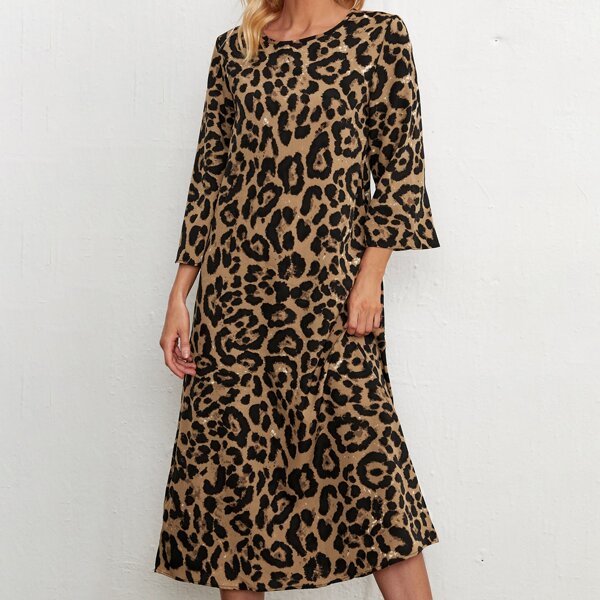 

Leopard Print Keyhole Back Tunic Dress, Multicolor