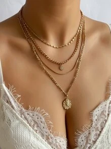 動物裝飾圓形吊飾多層次項鍊 - 金黃色 - 查看 5