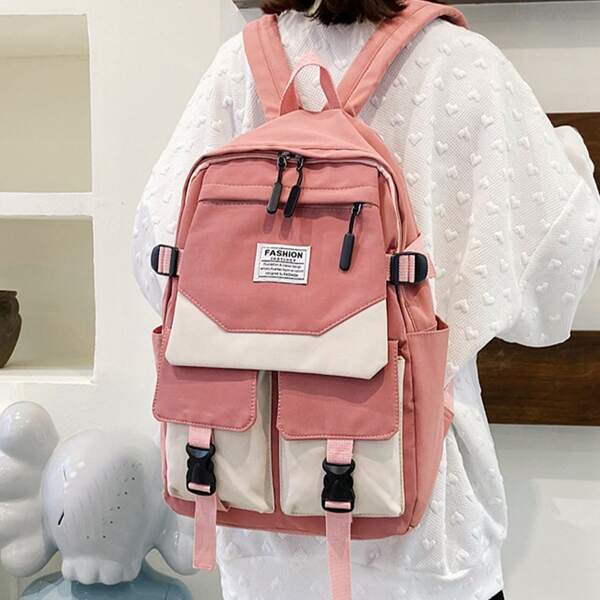 

Letter Graphic Two Tone Buckle Decor Functional Backpack, Pink