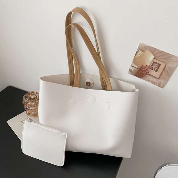 

Minimalist Shoulder Tote Bag With Small Wallet, Beige