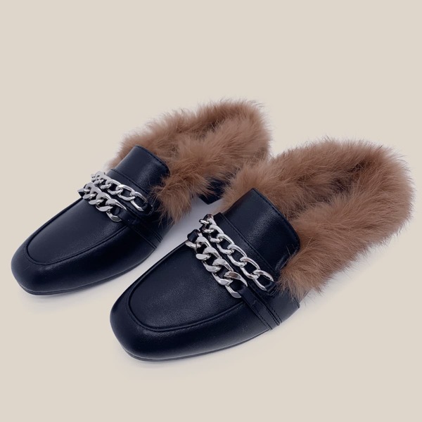 

Chain Decor Fluffy Square Toe Mules, Black