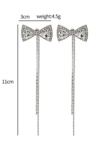 Bông tai thả tua kim loại được trang trí bằng nơ rhinestone - Bạc - Xem 4