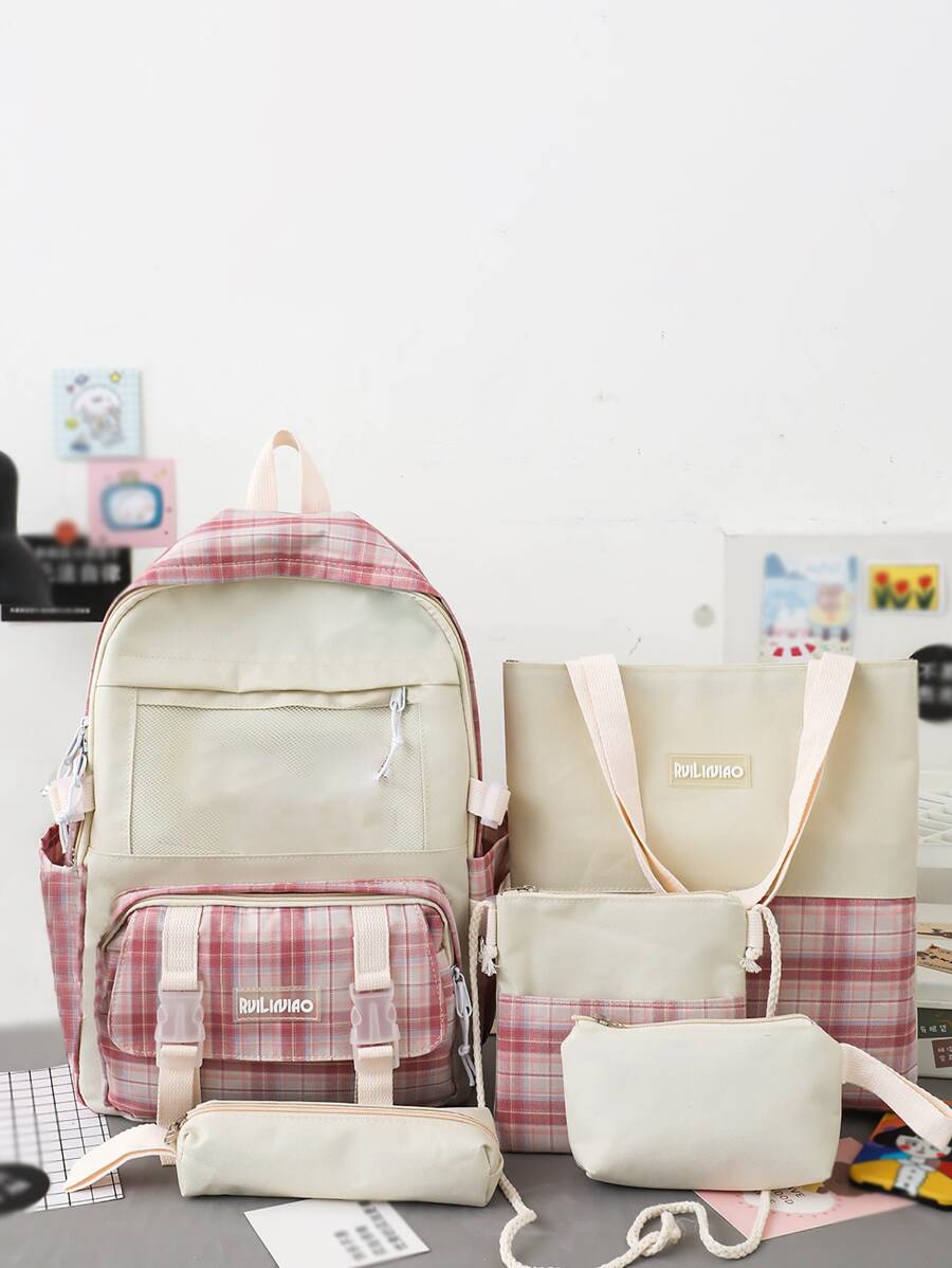 5 piezas set Bolsa para la escuela de tartán - Multicolor - Ver 1