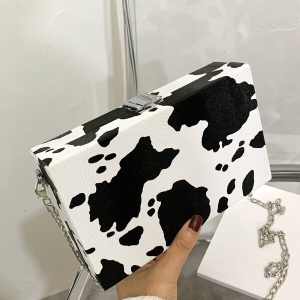 

Cow Pattern Chain Box Bag, Black and white