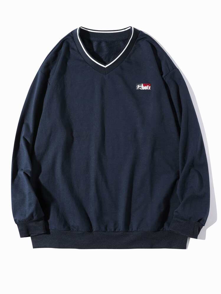 Manfinity Hypemode Men Patch Detail Drop Shoulder Long Sleeve Going Out Casual Sweatshirt, For Fall - Navy Blue - View 1
