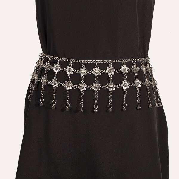 

Flower Decor Waist Chain Belt, Silver