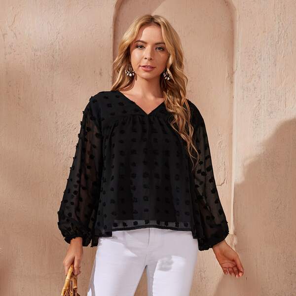 

V Neck Swiss Dot Lantern Sleeve Chiffon Top, Black