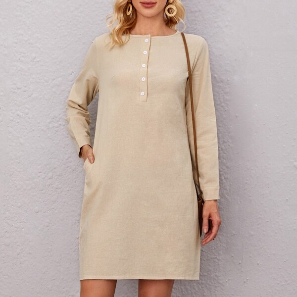 

Single Breasted Hidden Pocket Tunic Dress, Apricot