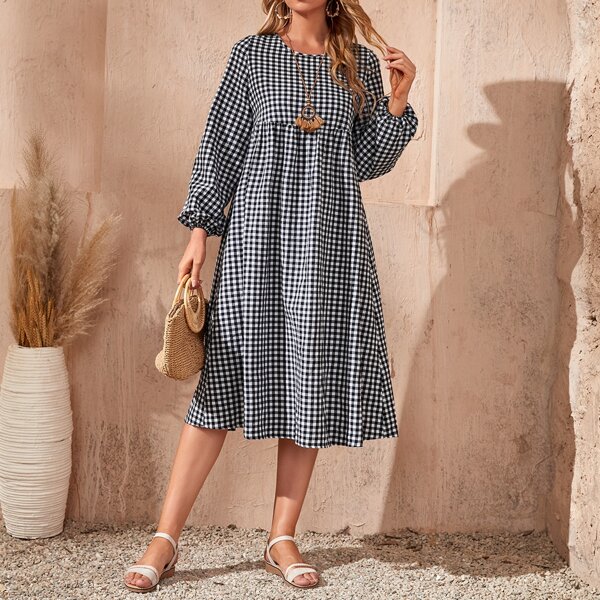 

Gingham Print Lantern Sleeve Smock Dress, Black and white