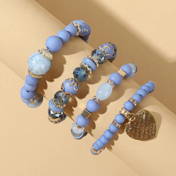 

4pcs Heart Charm Beaded Bracelet, Blue