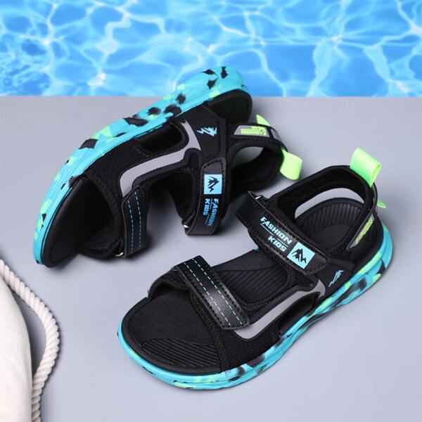 

Boys Letter Patch Velcro Strap Sport Sandals, Black