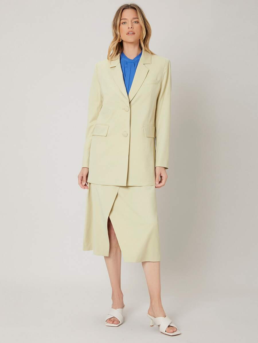 SHEIN Unity Wool Mix Straight Longline Blazer - Mint Green - View 1