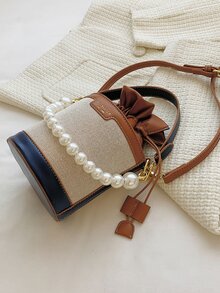 Mini Pearls Decor Drawstring Design Bucket Bag - Multicolor - View 5