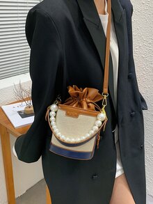 Mini Pearls Decor Drawstring Design Bucket Bag - Multicolor - View 6