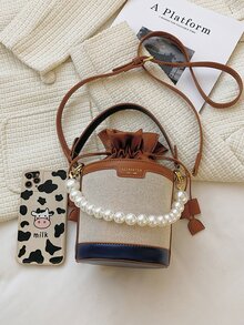 Mini Pearls Decor Drawstring Design Bucket Bag - Multicolor - View 7
