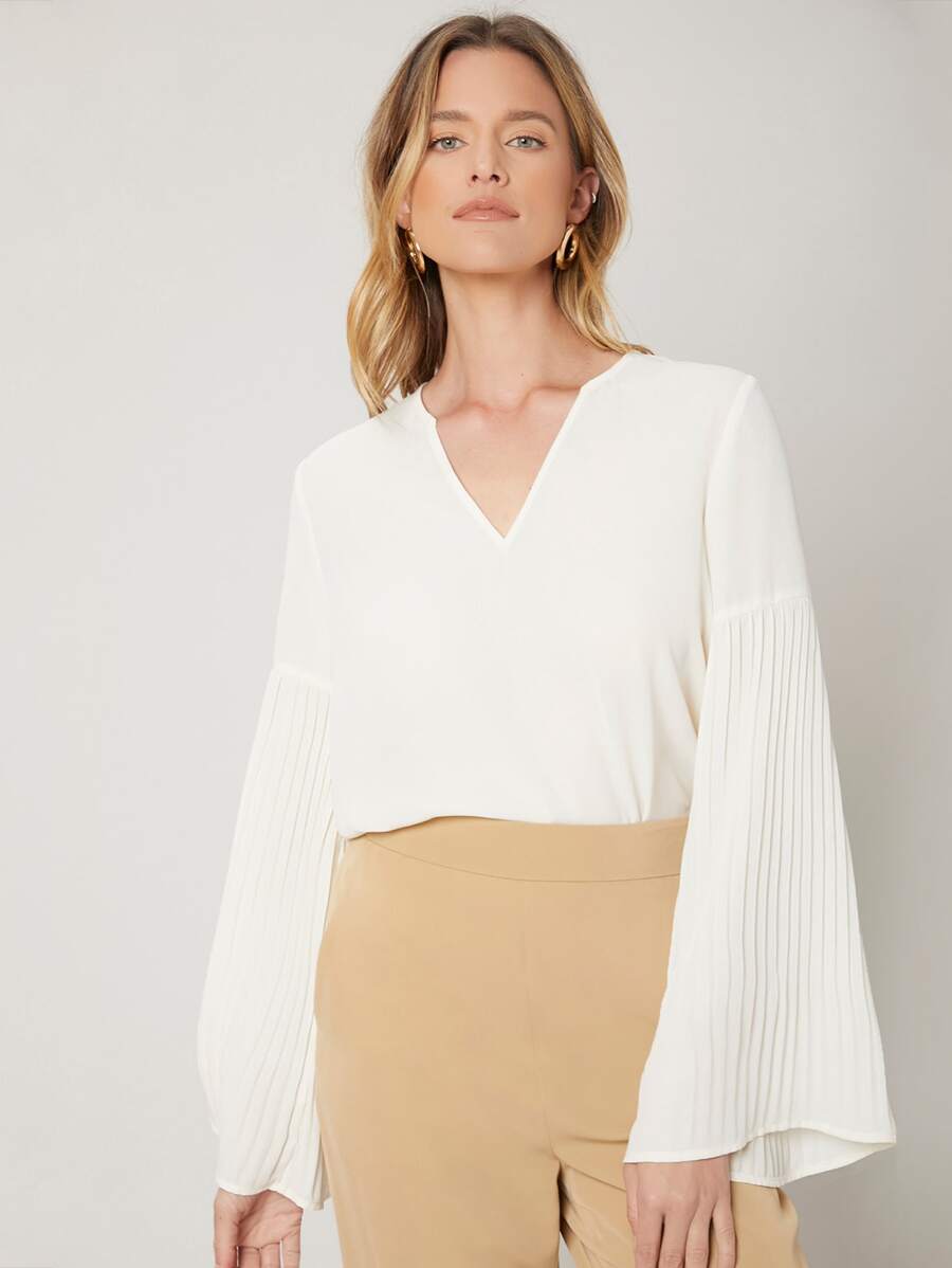 SHEIN Pleated Bell Sleeve Top - White - View 1