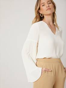 SHEIN Pleated Bell Sleeve Top - White - View 3