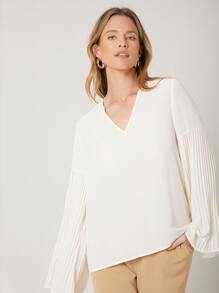 SHEIN Pleated Bell Sleeve Top - White - View 4