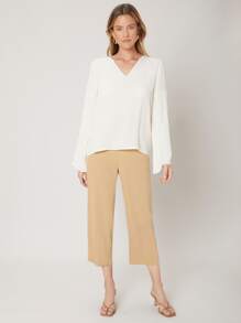 SHEIN Pleated Bell Sleeve Top - White - View 7