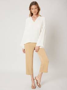 SHEIN Pleated Bell Sleeve Top - White - View 9