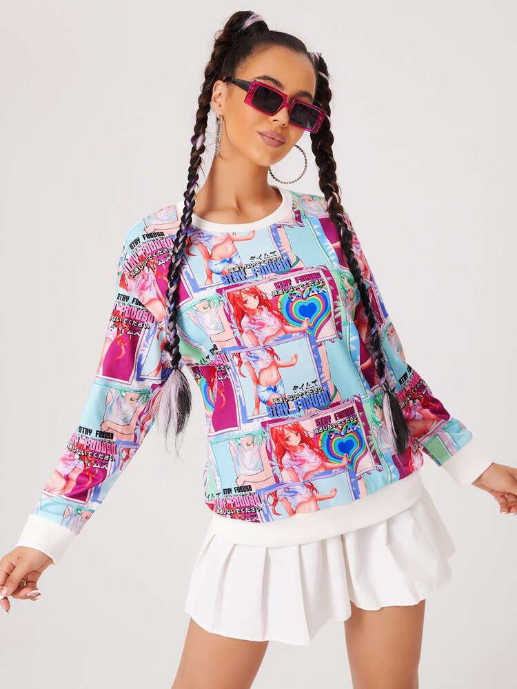 SHEIN Sweat-shirt avec motif caractère japonais & à imprimé figure - Multicolore - Voir 5
