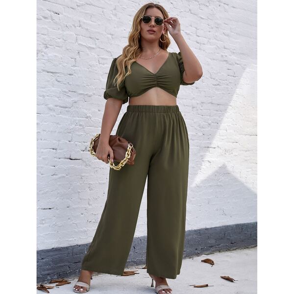 

Plus Zipper Back Top & Wide Leg Pants, Army green