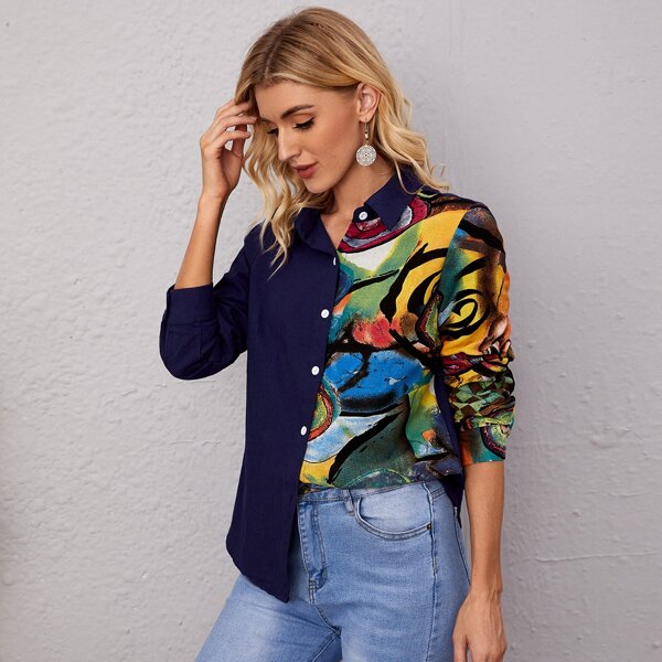 

Geo Print Button Front Blouse, Multicolor